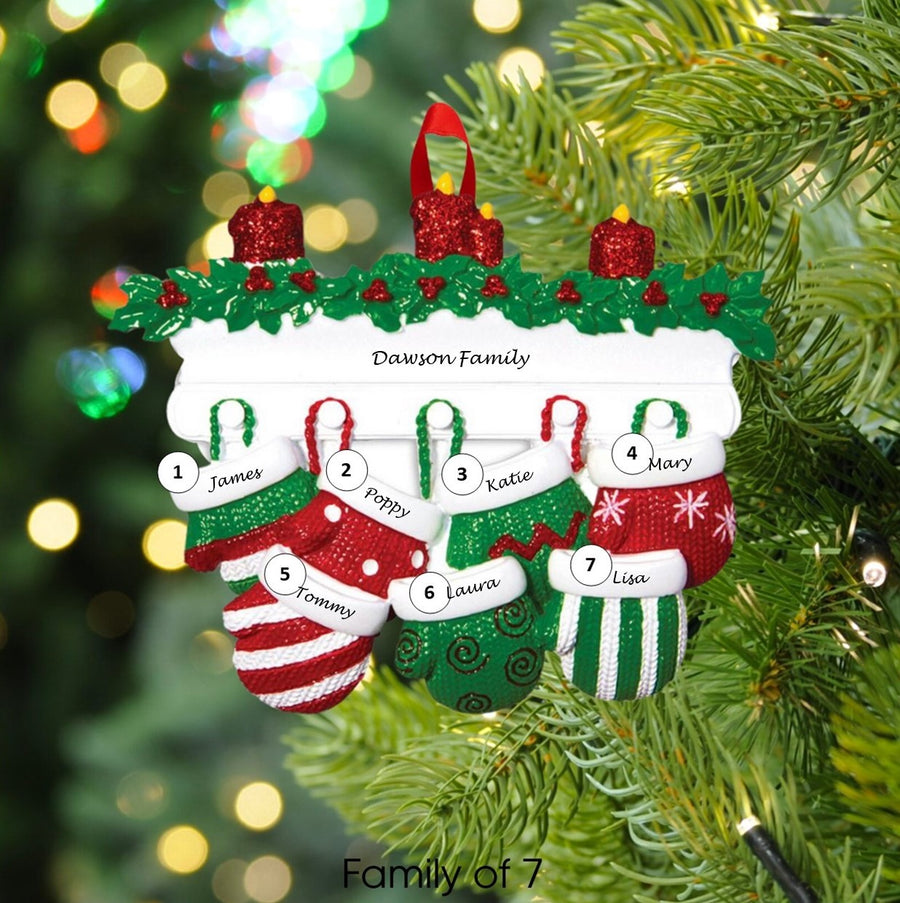 Red & Green Mitten Family Personalised Christmas Decoration